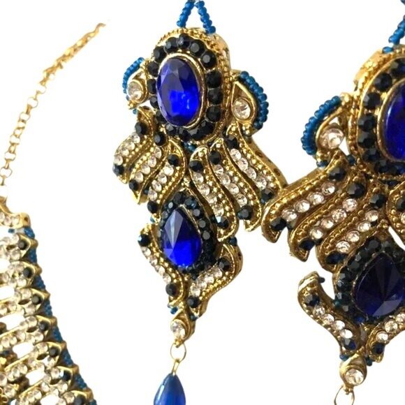 Gold & Blue Crystal Bib Necklace With Matching Chandelier Earrings Bridal - Picture 12 of 16